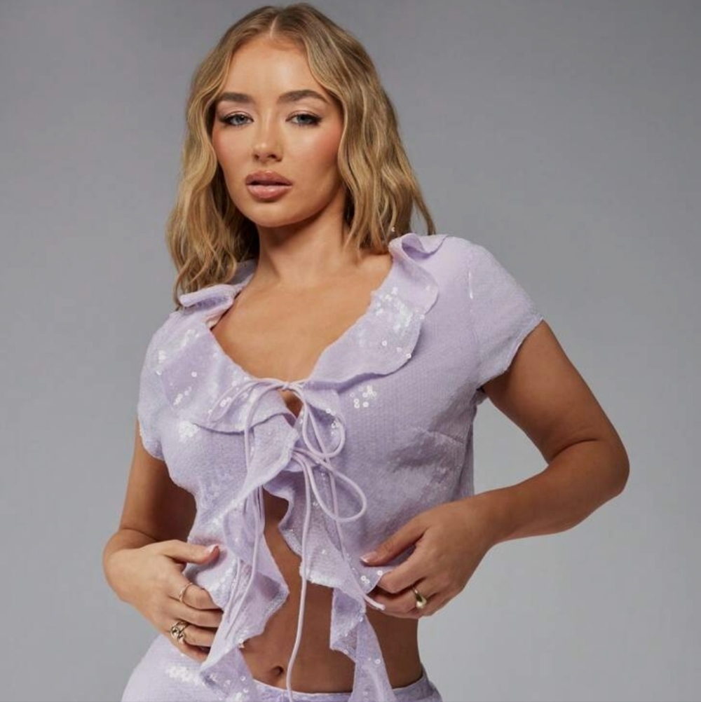 MISSGUIDED Purple Sequin Crop Top with Ruffle Detail Size XS Nwt